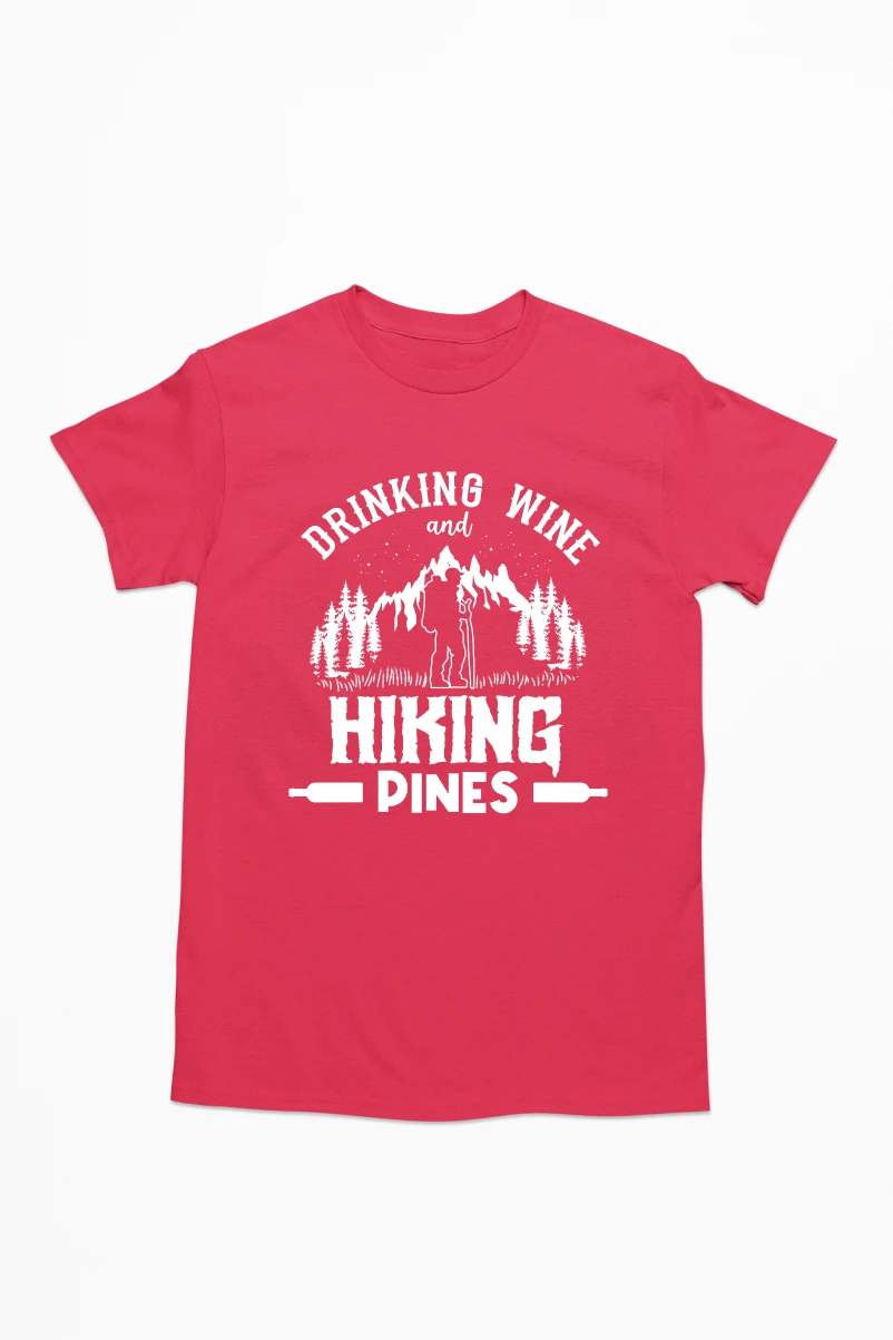 Drinking Wine and Hiking Pines Men's Tshirt (Red, S)