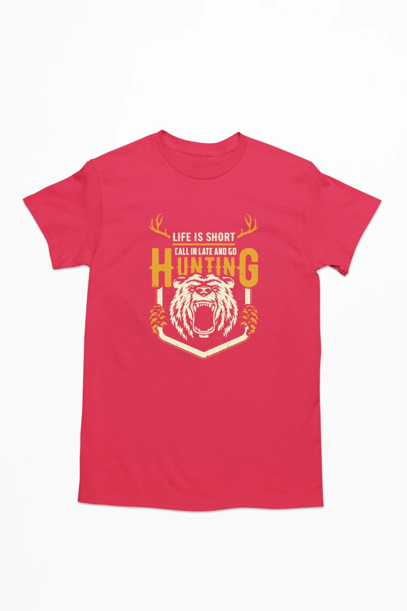 Life is Short Call in Late and Go Hunting Men's Tshirt (Red, S)