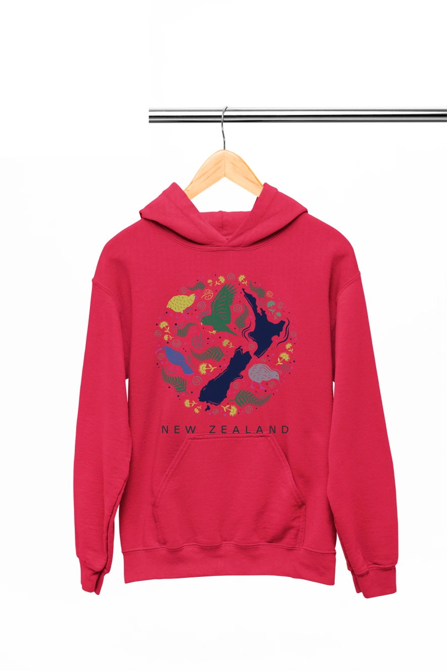 New Zealand Map and Nature Art Hoodie (Red, S)