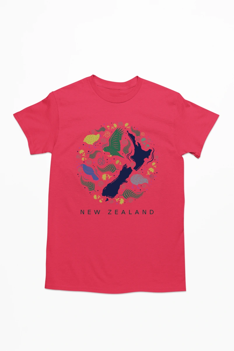 New Zealand Map and Nature Art Men's Tshirt (Red, S)
