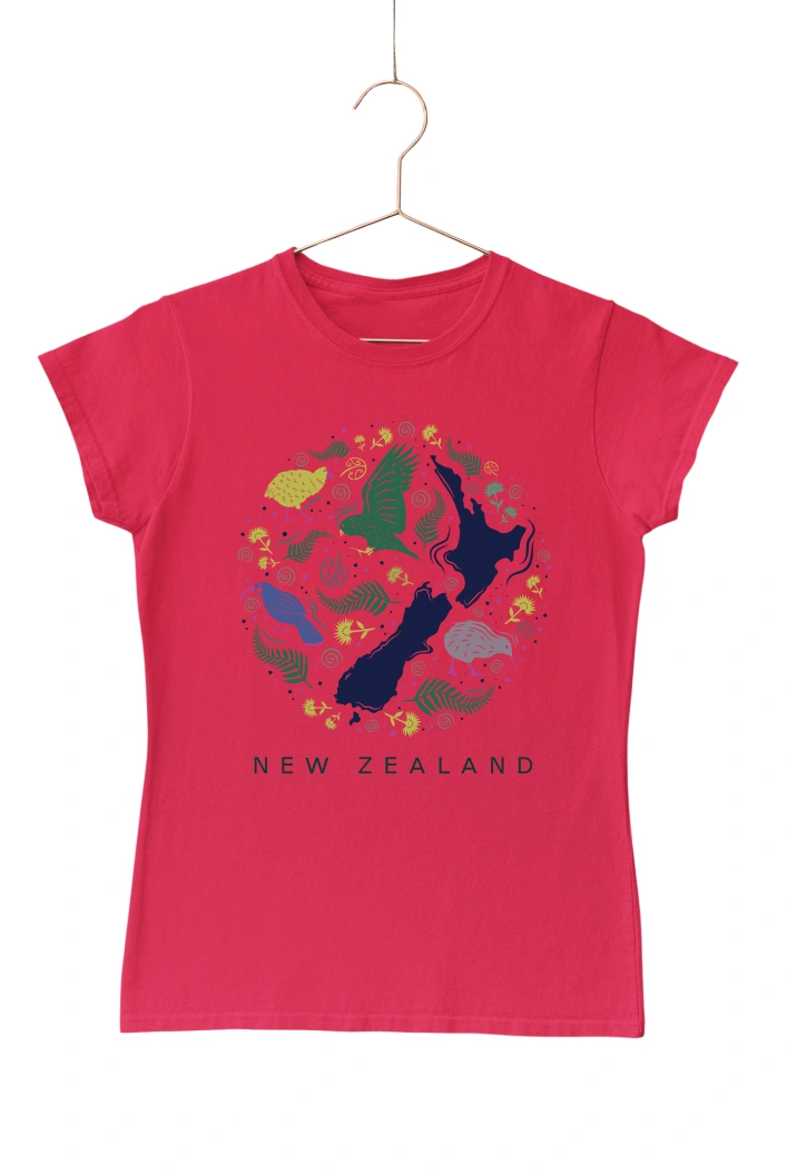 New Zealand Map and Nature Art Women's Tshirt (Red, S)