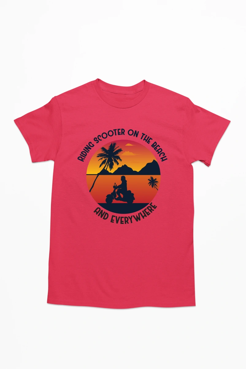 Riding Scooter on the Beach and Everywhere Men's Tshirt (Red, S)