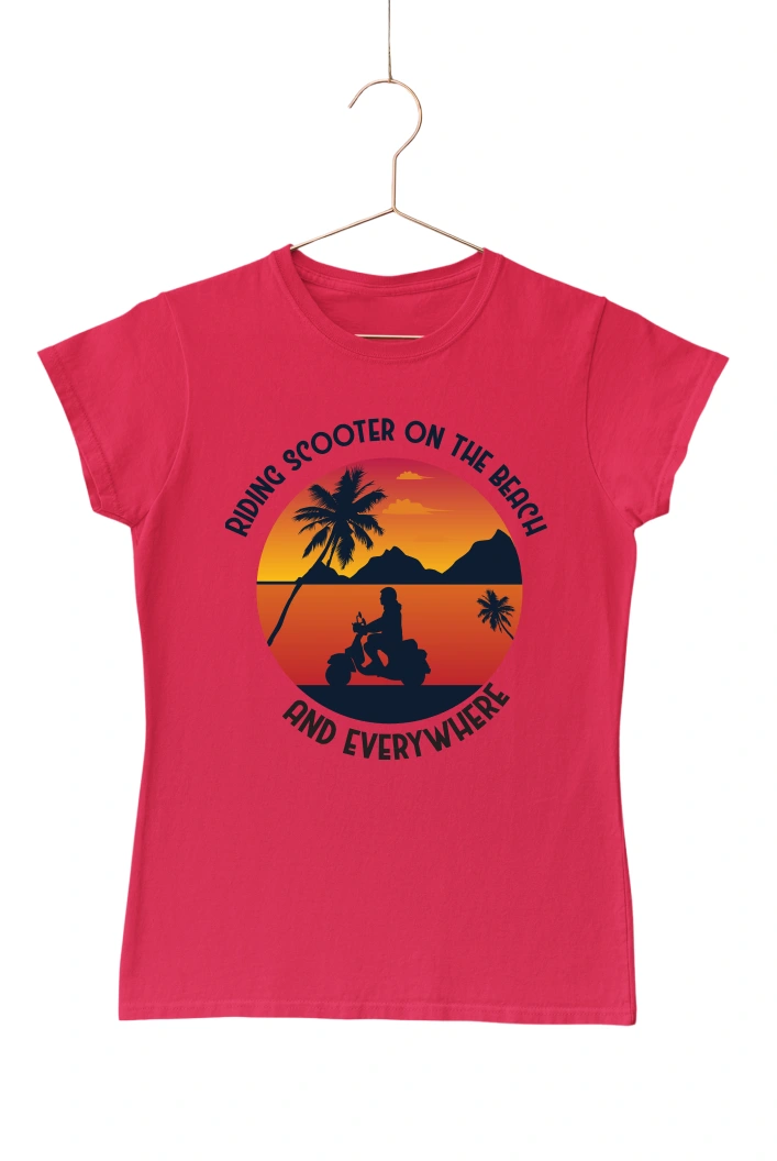 Riding Scooter on the Beach and Everywhere Women's Tshirt (Red, S)