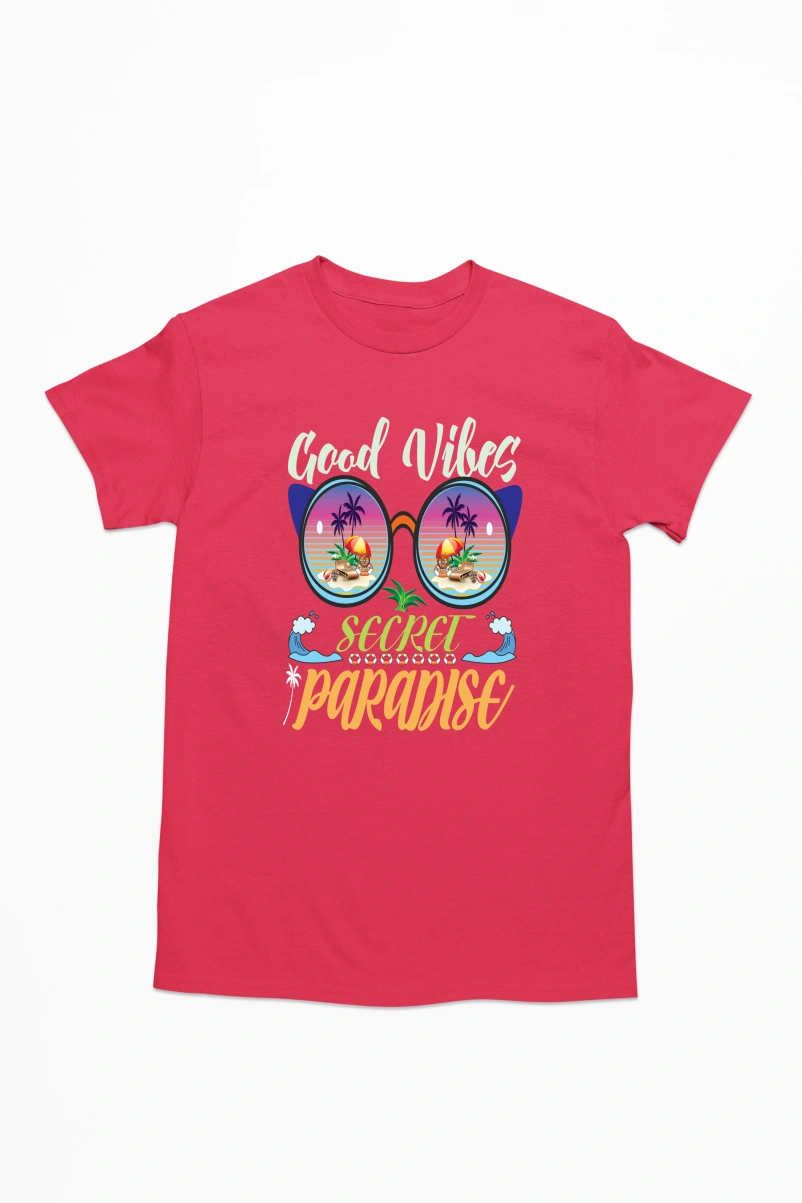Good Vibes Secret Paradise Men's Tshirt (Red, S)