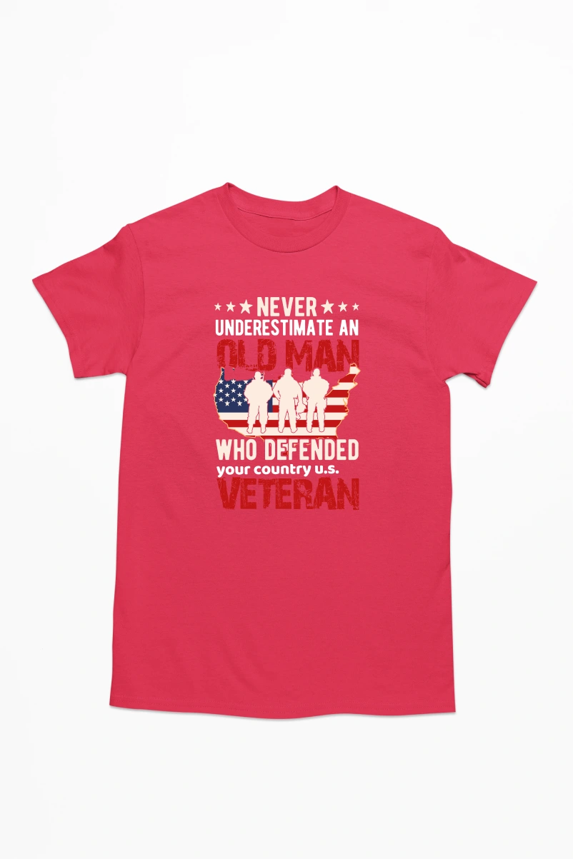 Never Underestimate an Old Man Who Deffended Your Country U.S Veteran Men's Tshirt (Red, S)
