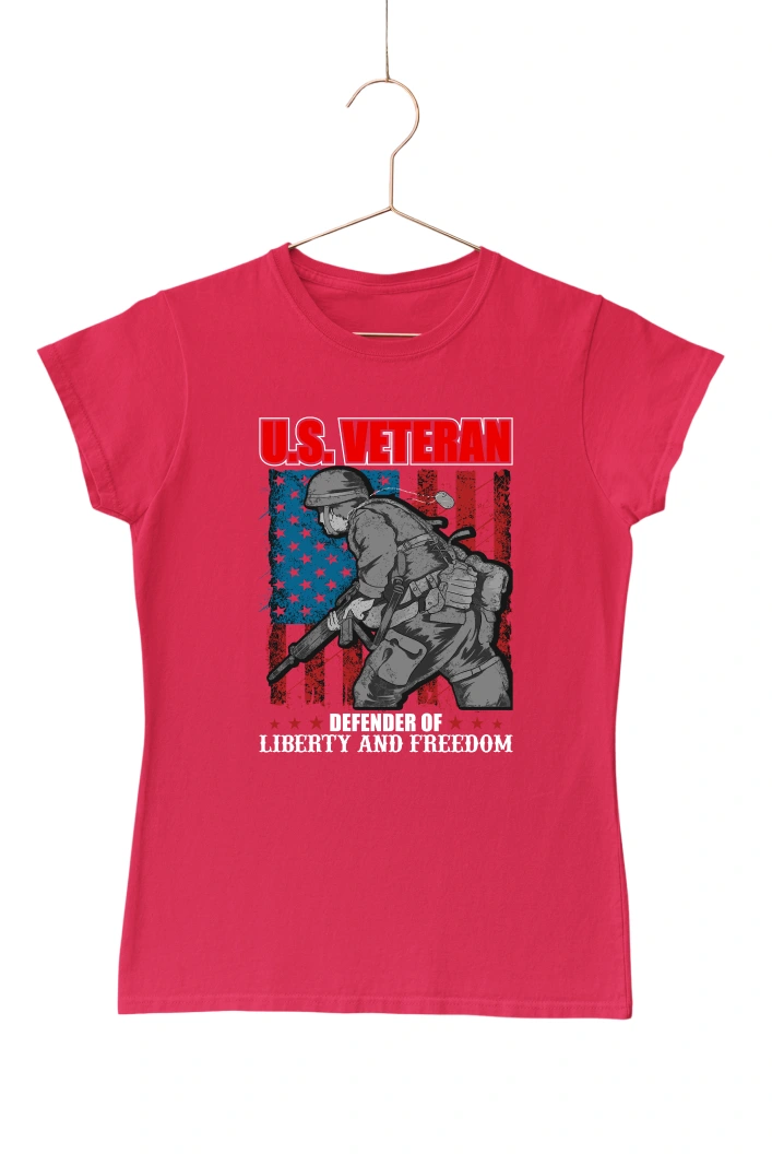 U.S Veteran Defender of Liberty and Freedom Women's Tshirt (Red, S)
