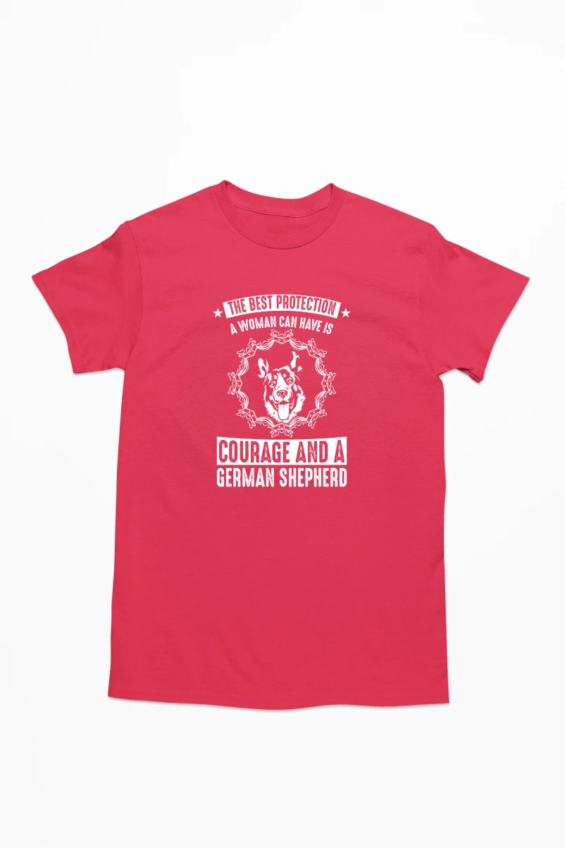 The Best Protection a Woman Can Have is Courage and a German Shepherd Men's Tshirt (Red, S)