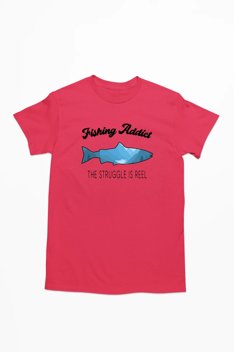 Fishing Addict The Struggle is Reel Men's Tshirt (Red, S)
